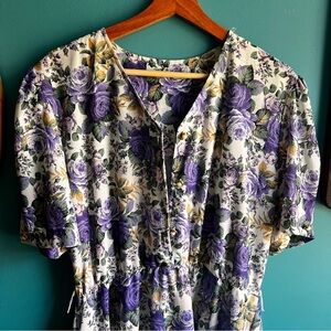 Vintage Floral Purple Rose Print Midi Dress 🥀